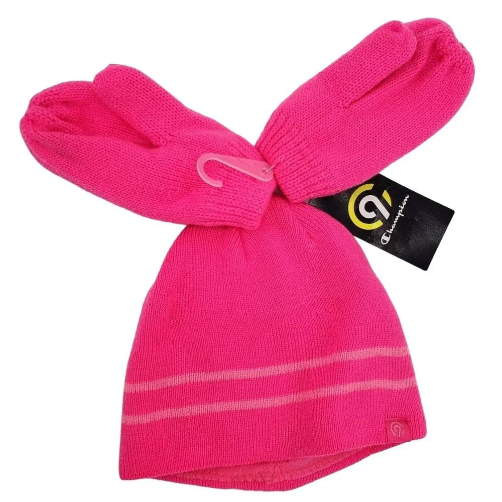 3 Piece Champion Kids Matching Set Girls Beanie Mittens Knit Outdoor Winter Snow